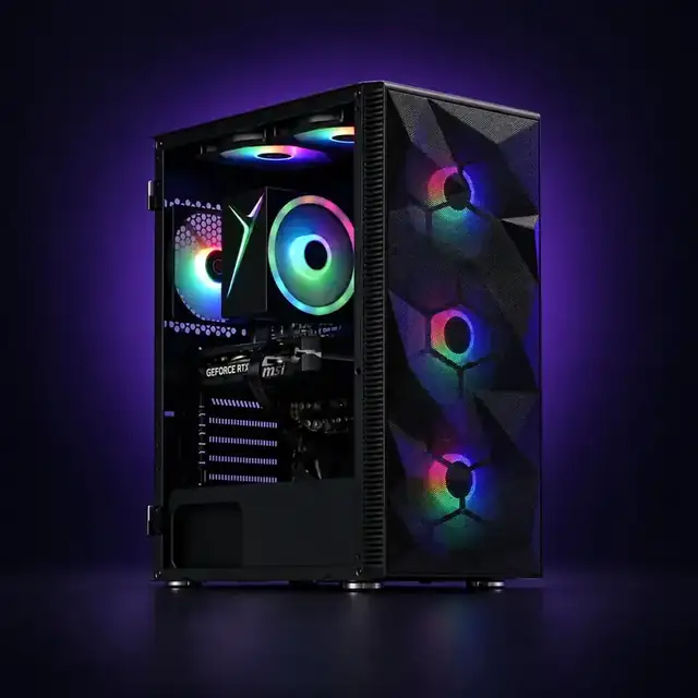 Ilustrativni prikaz gaming računara u crnom kućištu sa RGB ventilatorima