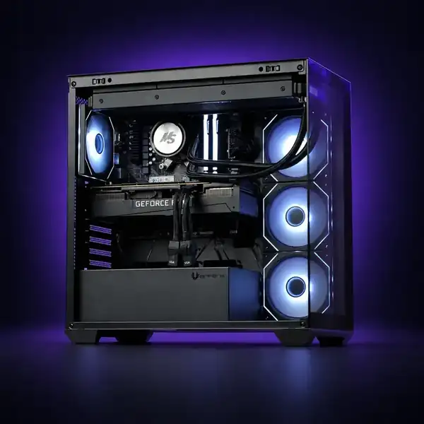 Ilustrativni prikaz gaming računara u crnom kućištu sa RGB ventilatorima