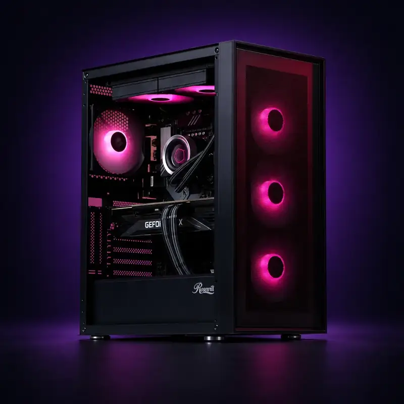 Ilustrativni prikaz gaming računara u crnom kućištu sa RGB ventilatorima