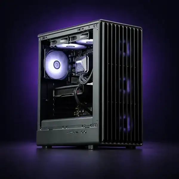 Ilustrativni prikaz gaming računara u crnom kućištu sa RGB ventilatorima