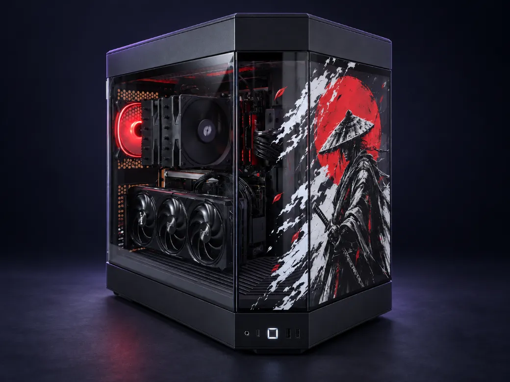 Vizuelizacija custom PC kućišta: UV štampa u boji, motiv samuraja i crvenog sunca